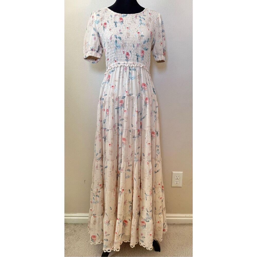 NWOT JessaKae Floral Lightweight Smocked Bodice Tiered Skirt Maxi Dress Women's